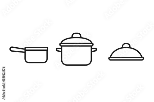 Minimalist kitchenware icons: saucepan, stockpot, lid