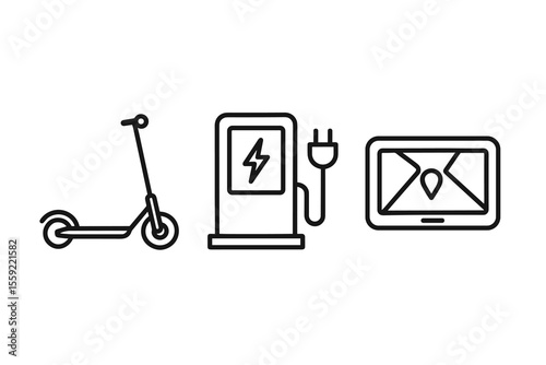 Electric scooter with charging station and gps map icons
