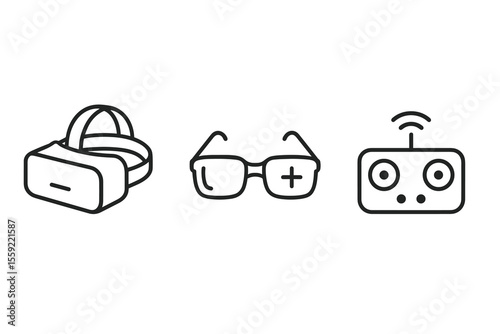 Virtual reality headset, smart glasses, and remote control icons