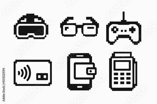 Pixel icons: vr headset, glasses, game controller, payment card, smartphone, terminal