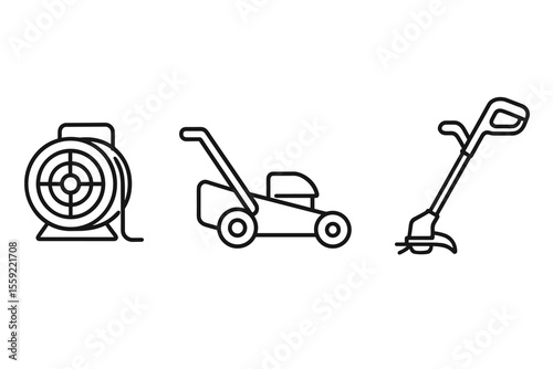 Outline icons of garden tools: hose reel, lawn mower, string trimmer