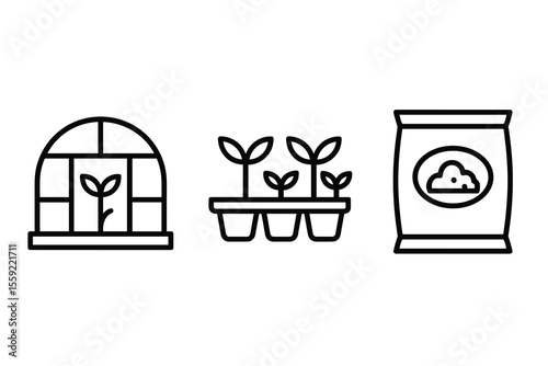 Greenhouse structure with seedlings and fertilizer bag icons