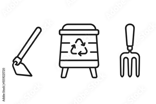 Garden hoe, compost bin, and fork icons with recycling symbol