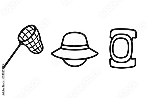 Butterfly net, hat, sardine can clipart - simple black and white illustrations