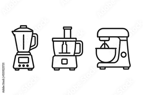 Kitchen appliance icons: blender, food processor, stand mixer line art