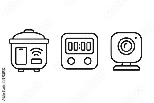 Smart kitchen appliances and webcam icons in black line art