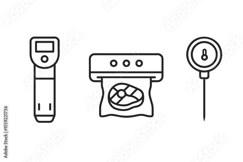Sous vide cooking tools icons - immersion circulator, vacuum sealer, meat probe