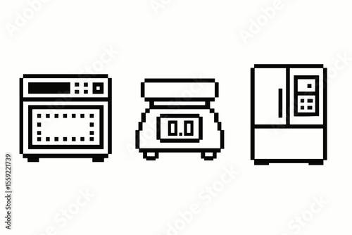 Retro pixel art kitchen appliances: microwave, scale, refrigerator