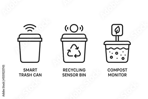 Smart trash can, recycling sensor bin, compost monitor icons
