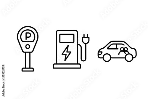 Electric vehicle concepts: parking meter, charging station, eco-friendly car icons