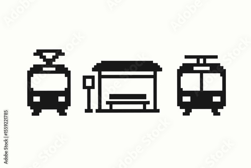 Pixel art tram stop with two trams and shelter