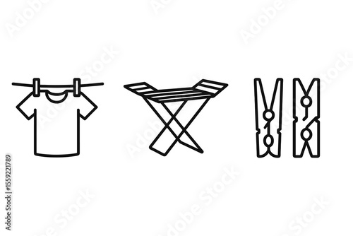 Laundry icon set - clothesline, drying rack, clothespins