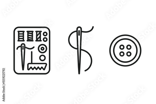 Sewing kit icon with needle, thread, and button
