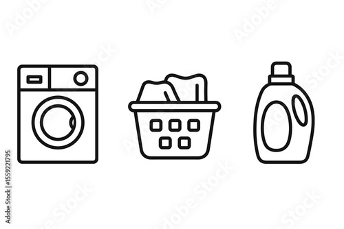 Laundry symbols: washing machine, basket, detergent