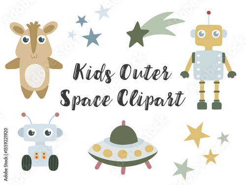 Cute Space Animals and Robots Vector Bundle, Kids Outer Space Clipart, Cartoon UFO and Stars Set
