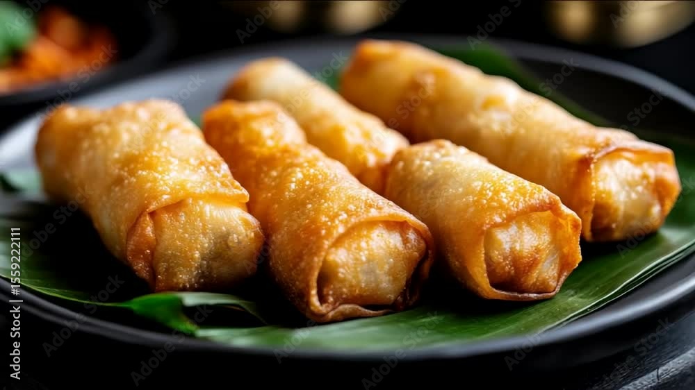 Golden, crispy spring rolls rest on a banana leaf, symbolizing street food, Asian cuisine, and cultural celebrations food styling and culinary art