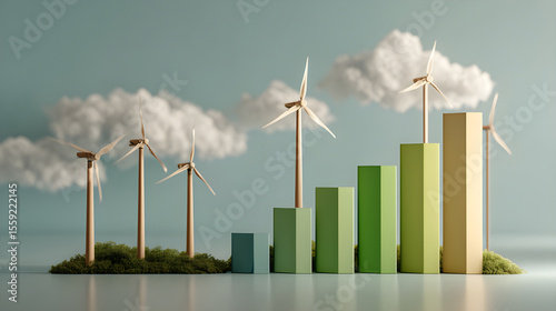 Representation of green energy: a growing bar chart with solar panels and wind turbines, eco-friendly pastel tones, clean business concept