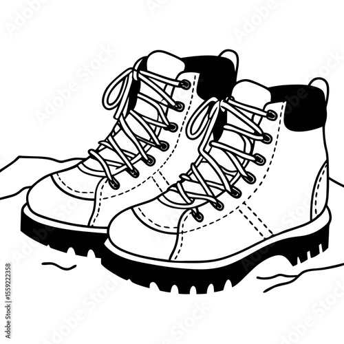 Hiking Boots Vector Illustration Black and White Outdoor Footwear
