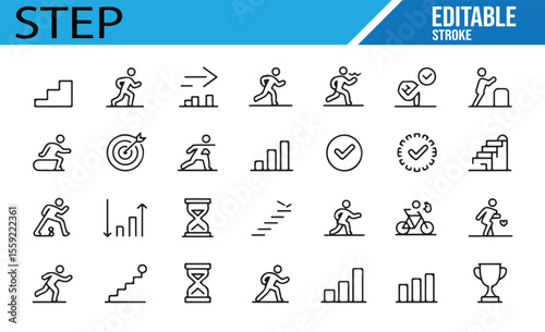 A collection of step and progress-related icons, featuring various stages of movement, achievements, and timelines, ideal for fitness, personal development, and goal-oriented themes.