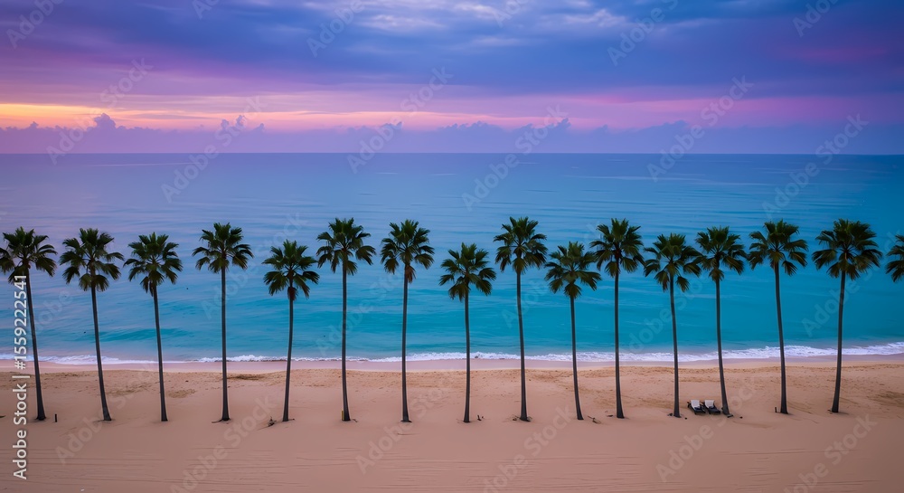 Obraz premium Serene Sunset Palm Trees Lining a Tropical Beach