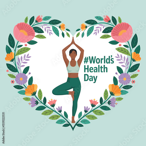 World health day yoga pose illustration with floral heart frame for wellness and healthy lifestyle promotion
