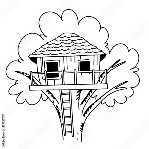 Treehouse Vector Illustration Outline Sketch Tree House Drawing