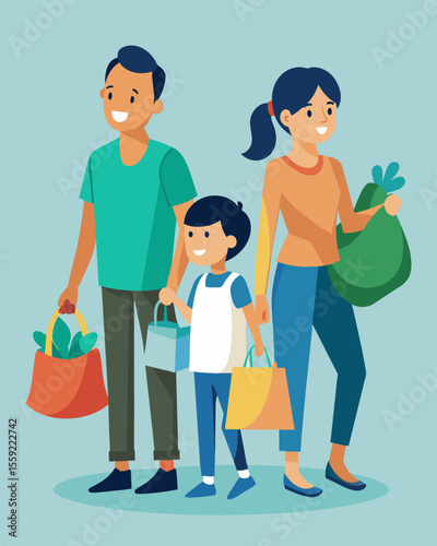 A household using cloth bags instead of plastic ones for grocery shopping to reduce their plastic usage.. Vector illustration
