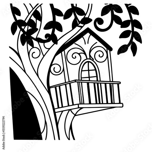Stylized Treehouse Vector Illustration Black and White Design