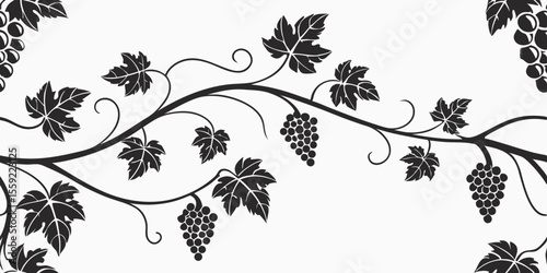 Horizontal seamless vector pattern featuring grapevines and leaves, border for typography and gift wrapping design  