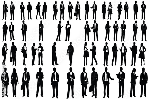 Business professionals, corporate silhouettes, office teamwork, executive interaction, formal attire, standing poses, white background, business team, 