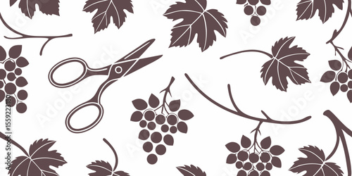 Decorative vine pattern with scissors and grape leaves on white, border for typography and gift wrapping design  