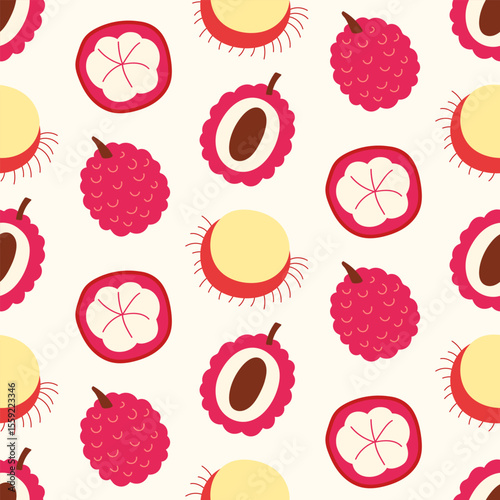 Lychee exotic fruits cartoon seamless pattern