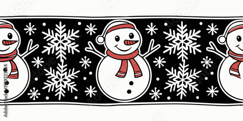 Cheerful snowman and snowflaks horizontal seamless vector pattern, border for typography and gift wrapping design