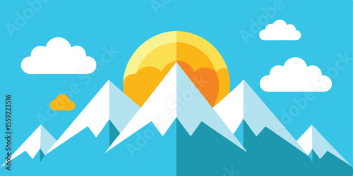 Cartoon Mountain Landscape With Sun And Clouds