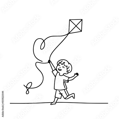 One-line drawing of joyful child flying a kite with raised arms