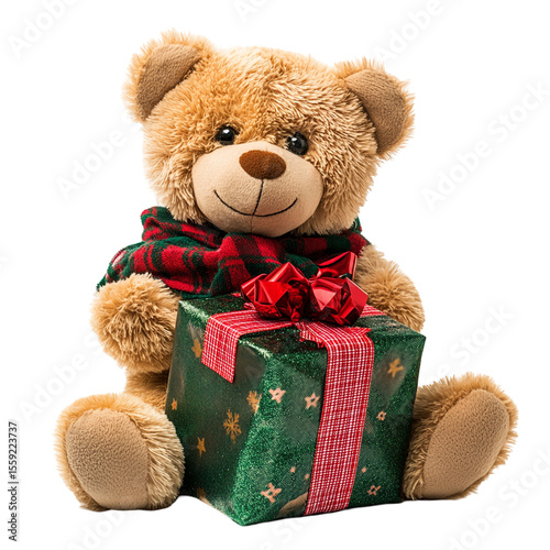 Festive teddy bear holding a Christmas gift a perfect holiday present