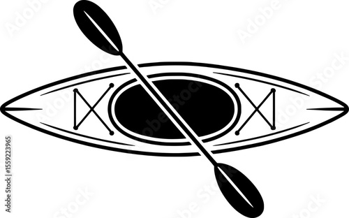 Bold black silhouette of a top-down kayak with crossing paddle in linocut vector style, ideal for summer, outdoor, adventure, and minimalist water sport illustrations