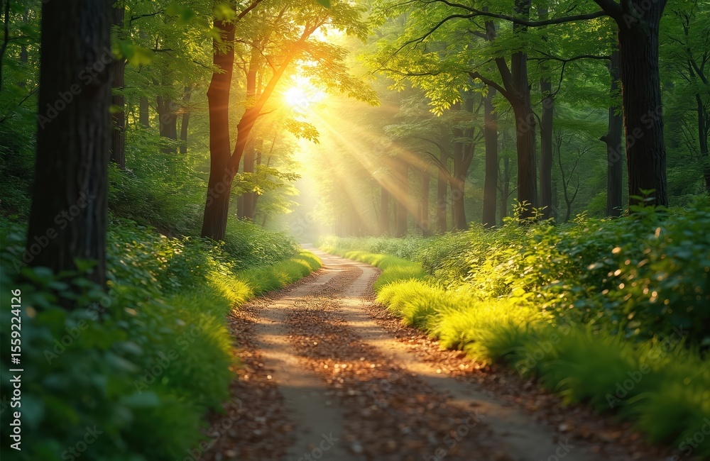 Obraz premium Sunlight streams through trees along path in woodland. Bright sun rays create magical atmosphere. Nature landscape, scenic idyll spring summer season background for travel, hiking, vacation, eco