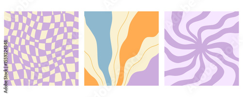 Distorted wavy retro patterns background set