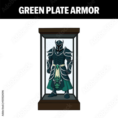 Cartoon Green Plate Armor Vector Illustration – Fantasy Nature Knight Suit in Display Case