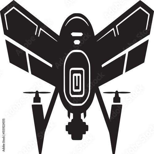 A black and white graphic of a drone with wings and propellers on a white background image design