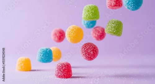 Colorful gummy candies falling on purple background