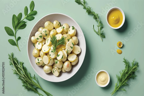 Overhead Shot of Potato Salad with Mustard Dressing and Fresh Herbs on Green Background