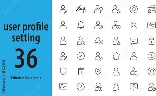 User Profile and Settings Line Icons, Account, Gear, Notification, Password, Edit Profile, Preferences, and More , Editable Formats: AI, EPS, JPG, PNG , Ideal for Both Digital and Print Use

