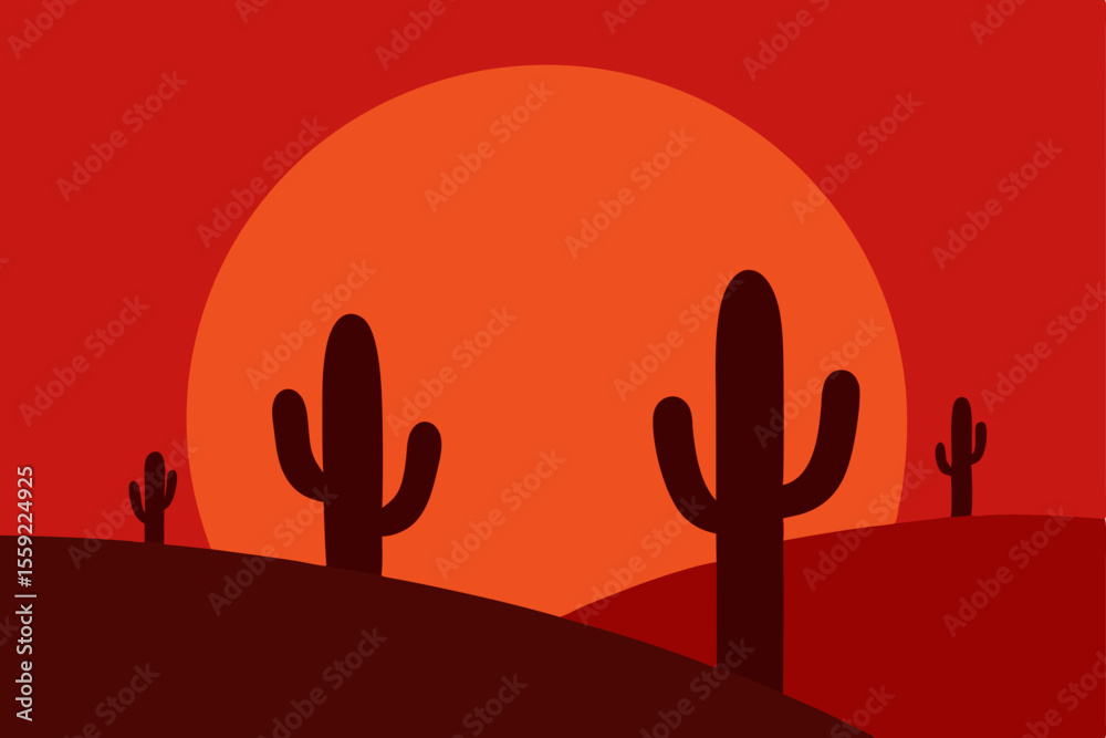 Desert Sunset Silhouette Cacti and Setting Sun in Red Hues