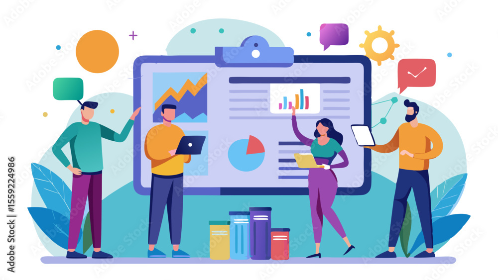 Obraz premium Characters standing one holding large floating ta