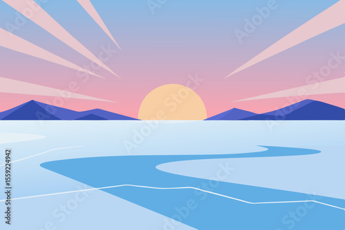 Serene Winter Sunset Frozen River Landscape Illustration