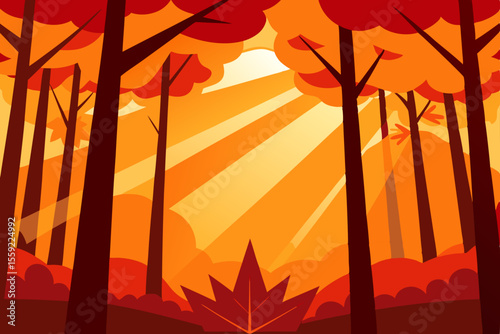 Autumn Forest Sunrise Sunbeams Through Red and Orange Leaves