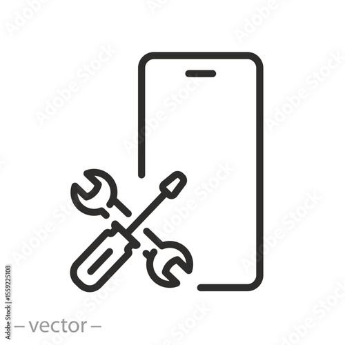 phone repair, mobile phone service, smartphone maintenance, software update or app installation, thin line symbol on white background - editable stroke vector illustration eps10