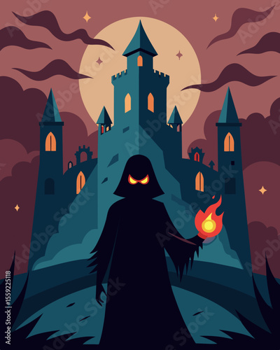 Hidden in the shadows of an old castle a dark figure whispers curses and spells to summon a powerful ancient force.. Vector illustration